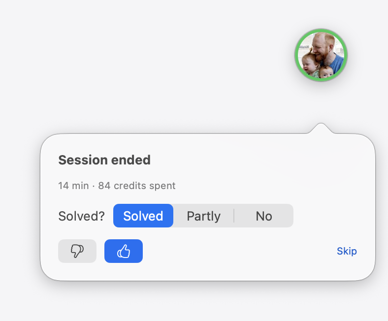 Session ended: 14 minutes, 84 credits, Solved? Solved / Partly / No, thumbs up or down