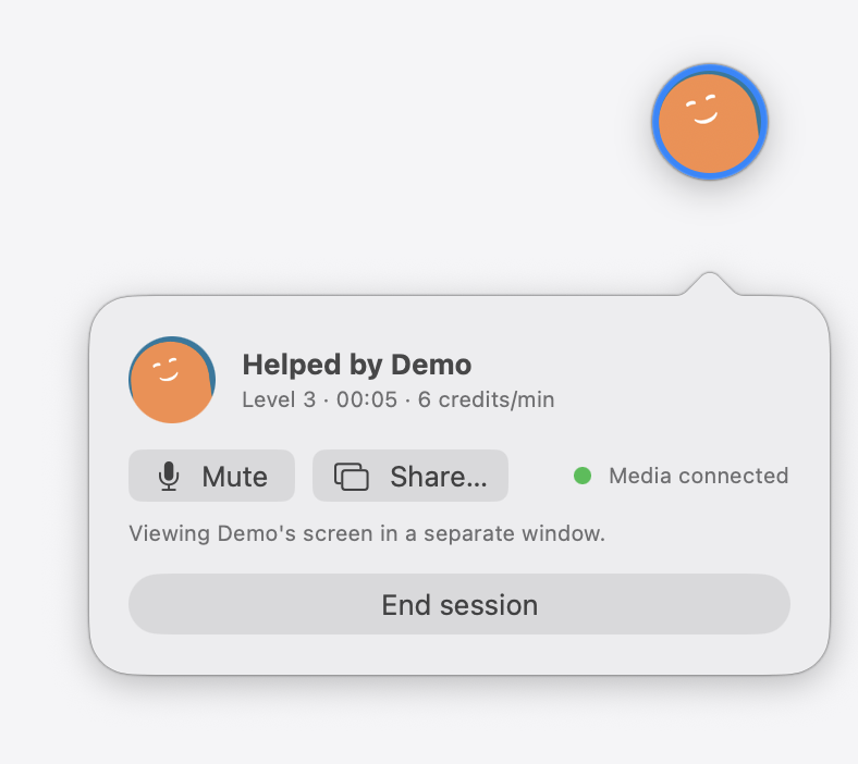 A live Buoy session: Helped by Demo, Level 3, Mute and Share buttons, Media connected, End session